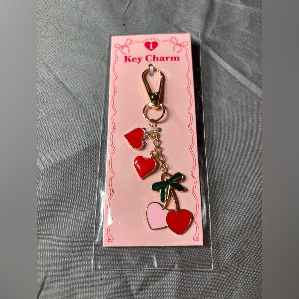 New Gold-Tone Heart & Bow Key Charm in Red, Pink & Green